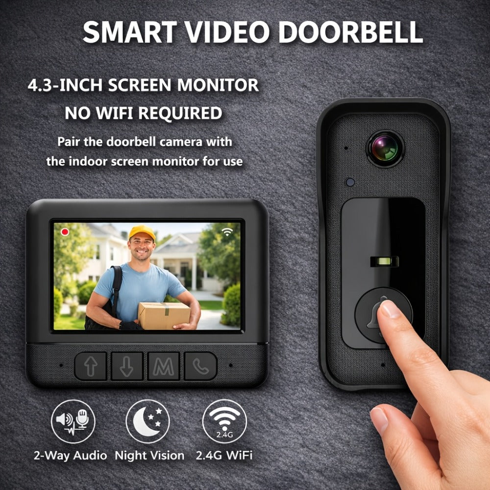 WiFi Video Doorbell with 4.3 Inch Indoor Monitor, Night Vision Two-Way Audio Rechargeable Battery