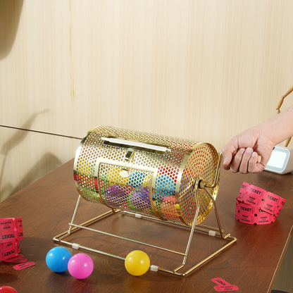 Raffle Drum Spinning Cage 12 Inch – Brass Plated Metal Lottery Ticket Drum with Wooden Handle, Holds 2500 Tickets or 100 Ping Pong Balls
