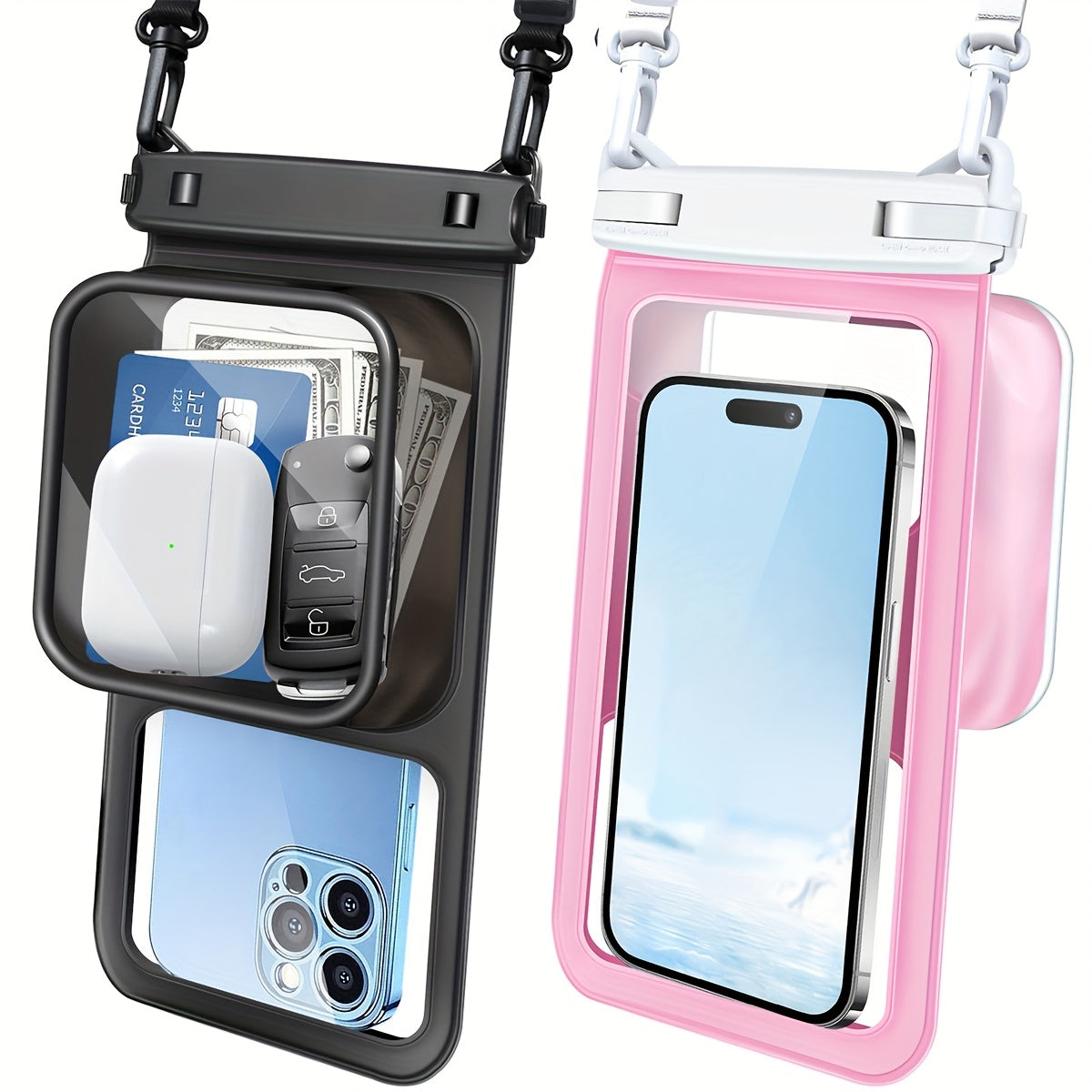 Waterproof Phone Pouch 2-Pack Double Layer Black & Cyan – PVC Dry Bag for Swimming, Rafting & Water Sports, Fits Up to 7.5"