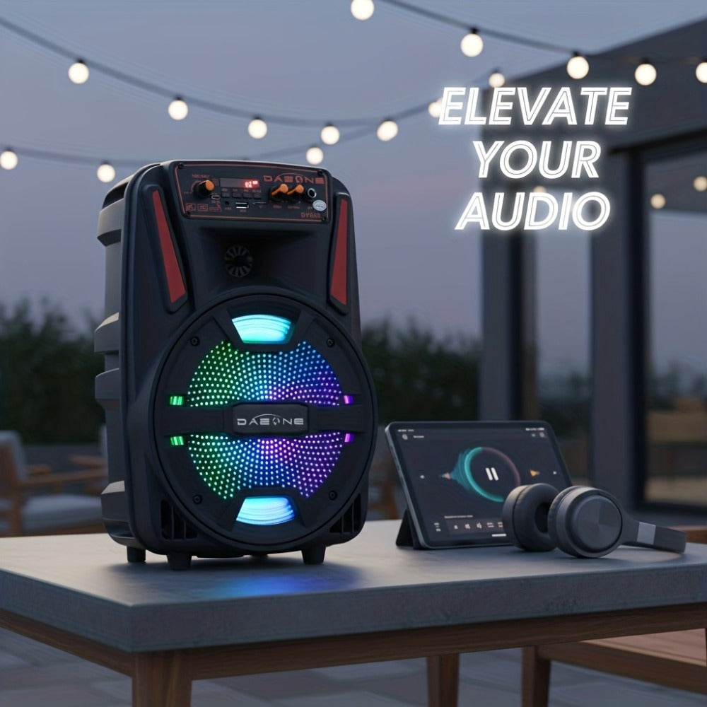 8-Inch Bluetooth Party Speaker with LED Lights & Wired Microphone, TWS Stereo Bass Boost, FM Radio