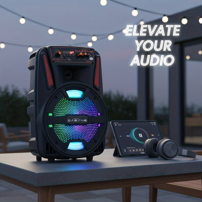 8-Inch Bluetooth Party Speaker with LED Lights & Wired Microphone, TWS Stereo Bass Boost, FM Radio