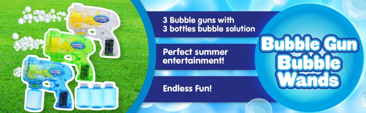 3-Pack Bubble Gun Blower with 3 Pre-Loaded Solution Refills, Hand-Powered, Color-Changing Bubbles