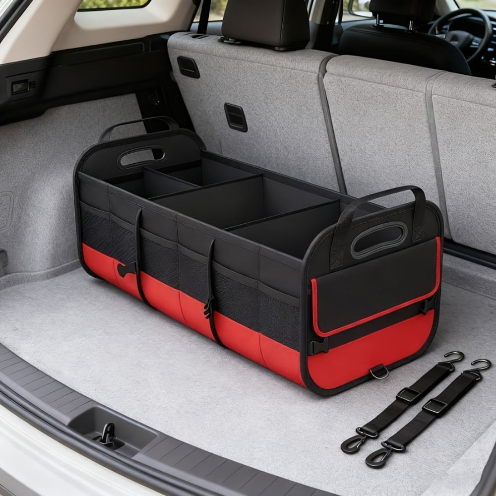 Car Trunk Organizer, 95L Foldable 4-Compartment Bin with Two Retractable Straps and Divider Set