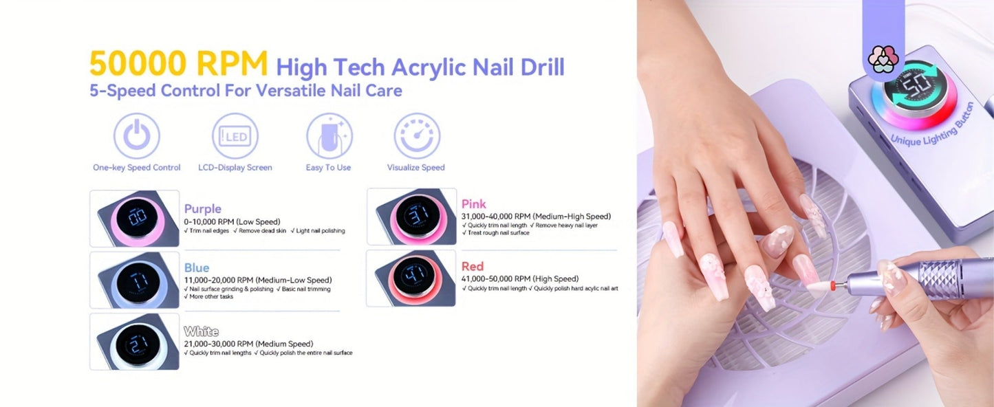 Electric Nail Drill SAVILAND Purple 50, 000 RPM Rechargeable E-File with Display, Forward-Reverse and Accessory Kit