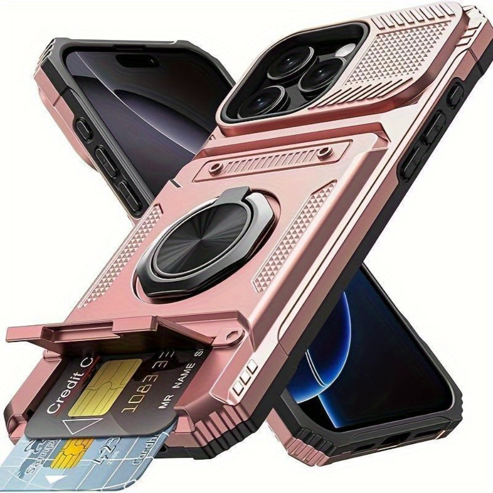 iPhone Card Slot Shockproof Case with Ring Holder & Kickstand – Wallet Phone Cover for iPhone 17 17 Air 17 Pro Max 16 15 14 13 12 11 Pro Max