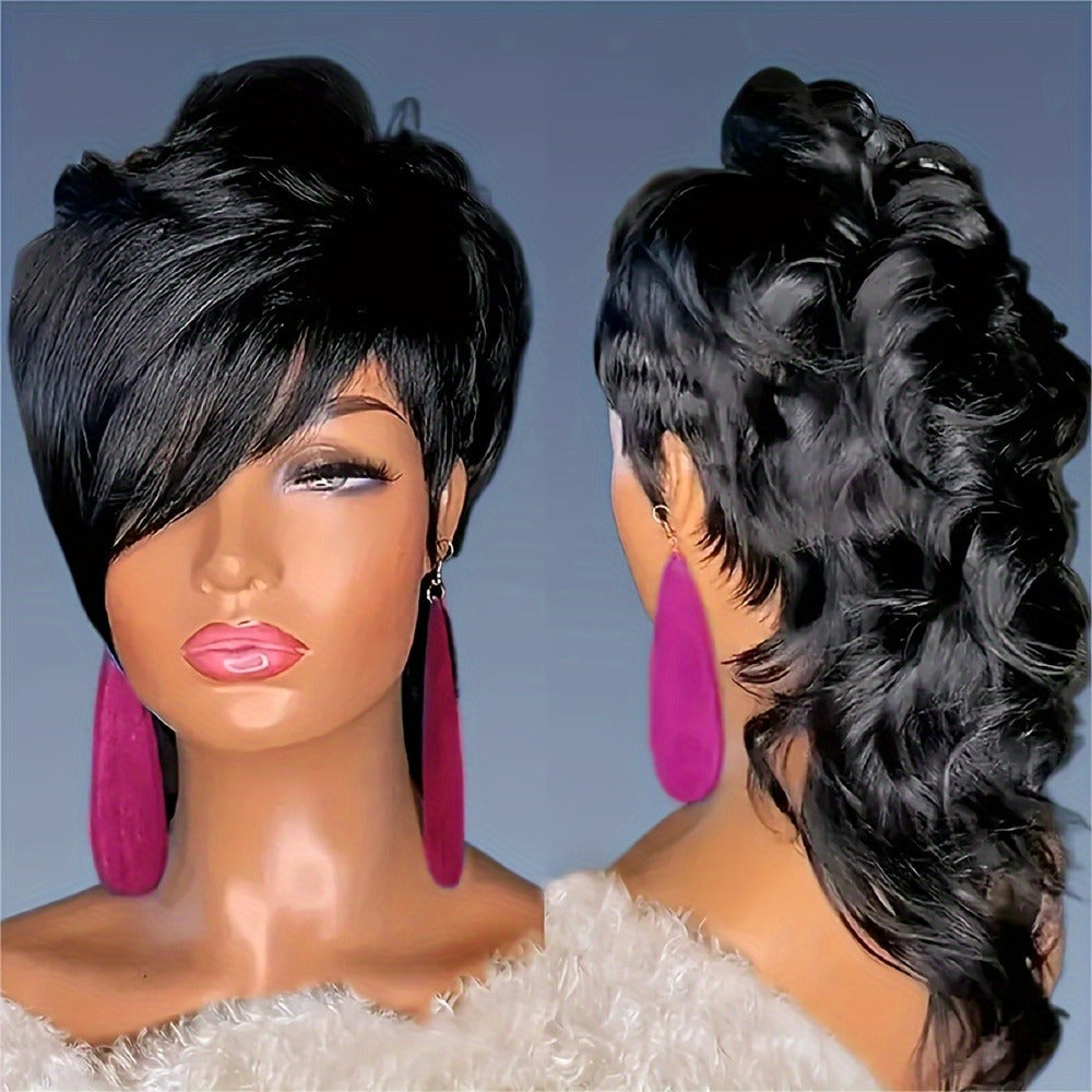 Synthetic Wig 14-Inch Curly-Wave Pixie Mullet with Bangs, 150% Density and Rose Net Cap in Three Colors