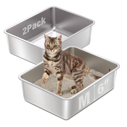 2-Pack Stainless Steel Cat Litter Box Pans with Open-Top Rectangular Design in M, XL or XXL Sizes