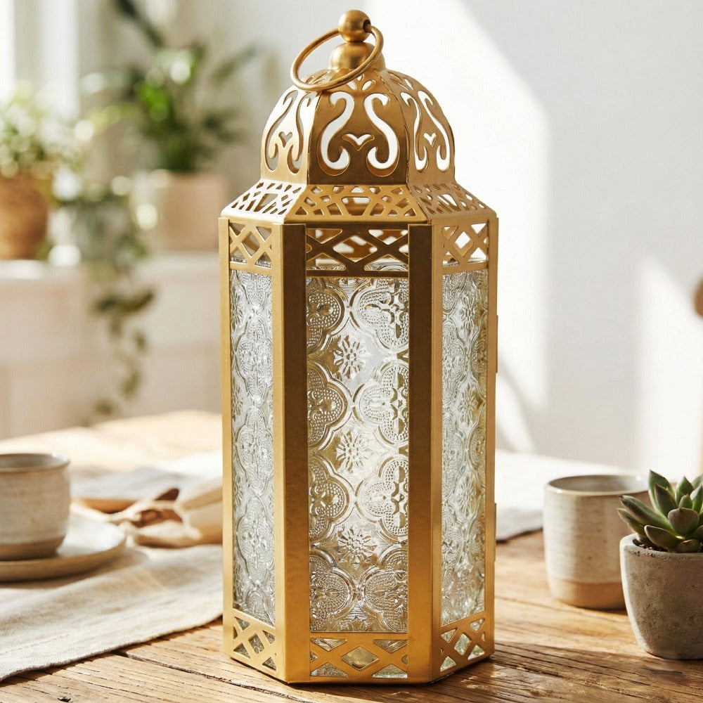 Moroccan Candle Lantern Holder - Decorative Metal & Glass Lantern with Embossed Floral Design for Indoor Home Decor
