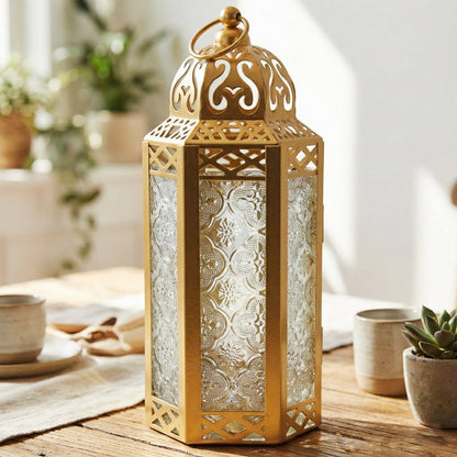 Moroccan Candle Lantern Holder - Decorative Metal & Glass Lantern with Embossed Floral Design for Indoor Home Decor