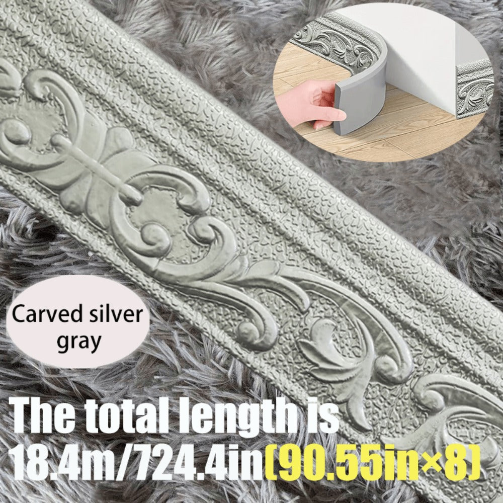 3D Self-Adhesive Foam Baseboard Wall Trim Sticker Waterproof Peel and Stick Carved Wallpaper Border Skirting for Home Decor White Silver