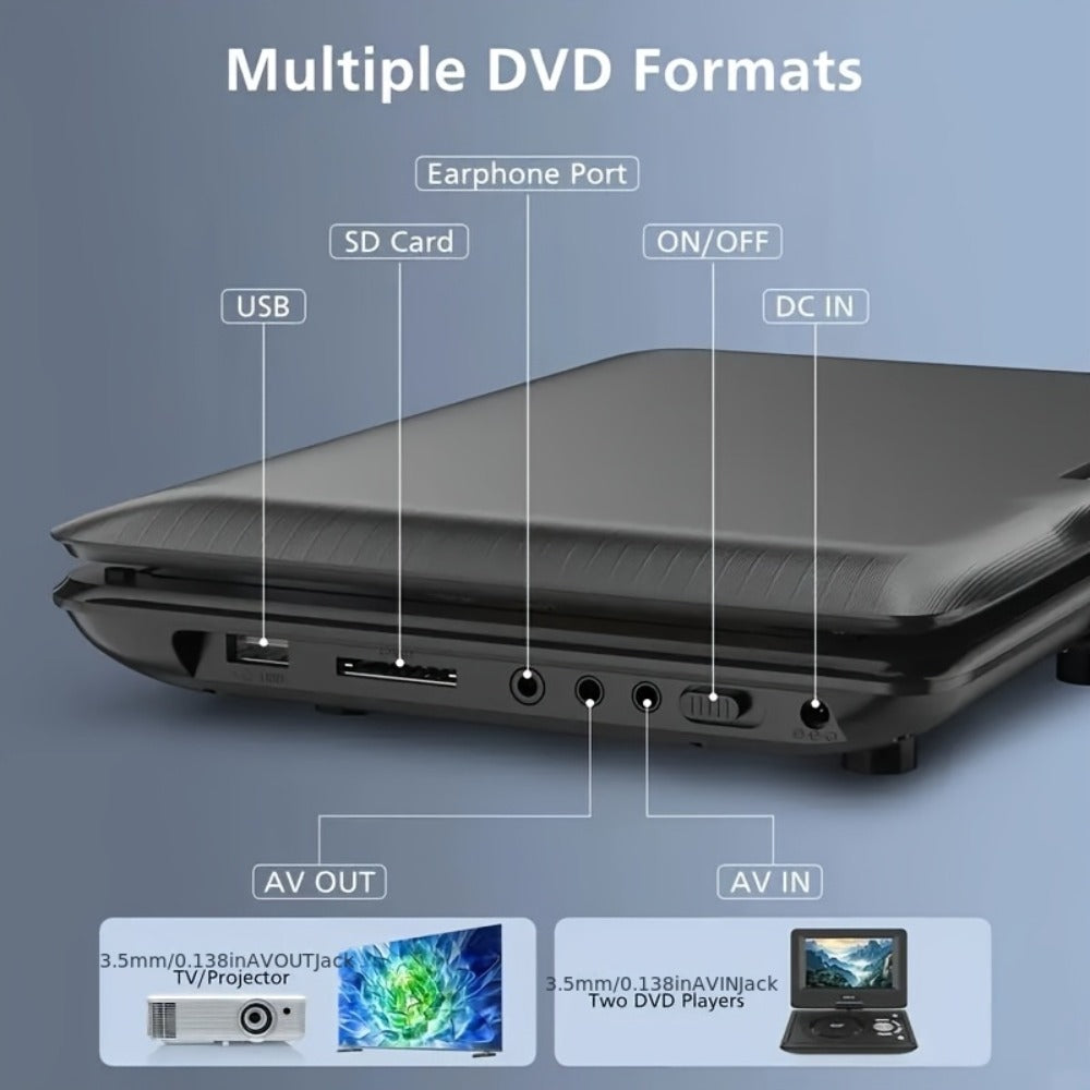 9.5-Inch Portable DVD Player with 270° Swivel Screen, Dual Speakers and Black or Blue Finish