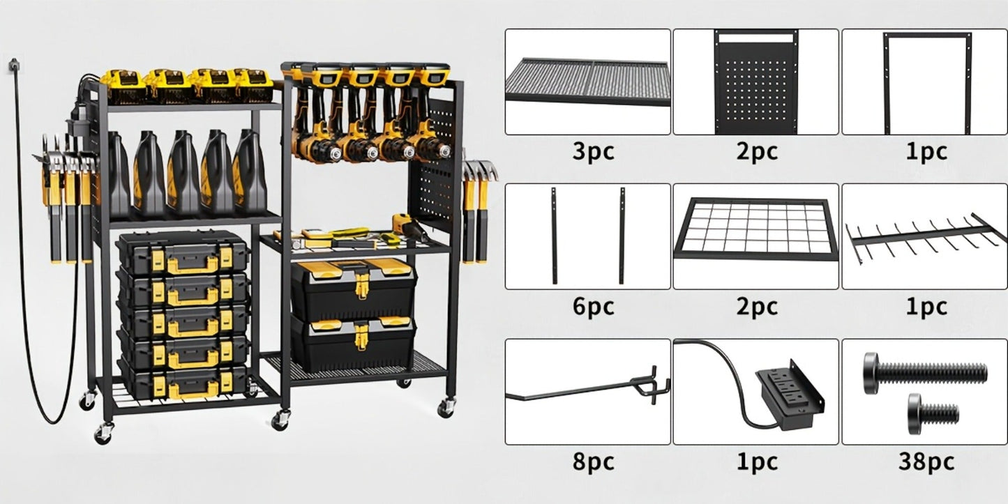 Mobile Tool Cart with Charging Station, 12 Drill Holders & 5 Storage Shelves Power Tool Organizer