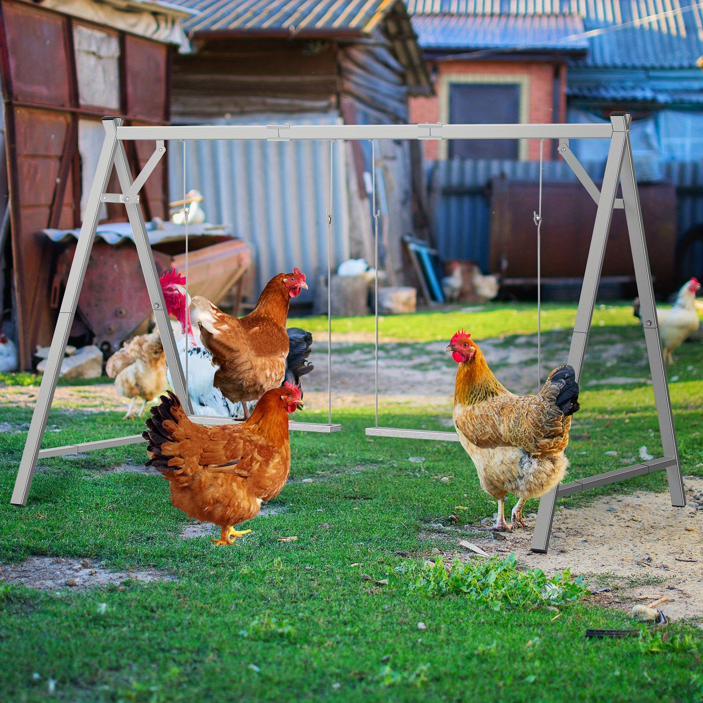 Chicken Swing Coop Toy Metal Perch for Backyard Hens Roosters Parrots Rabbits Promotes Exercise Balance for Garden, Patio and Yard Use