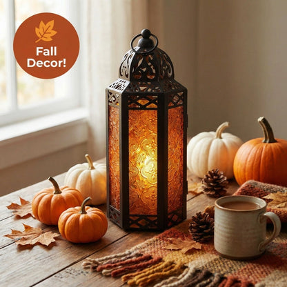 Moroccan Candle Lantern Holder - Decorative Metal & Glass Lantern with Embossed Floral Design for Indoor Home Decor