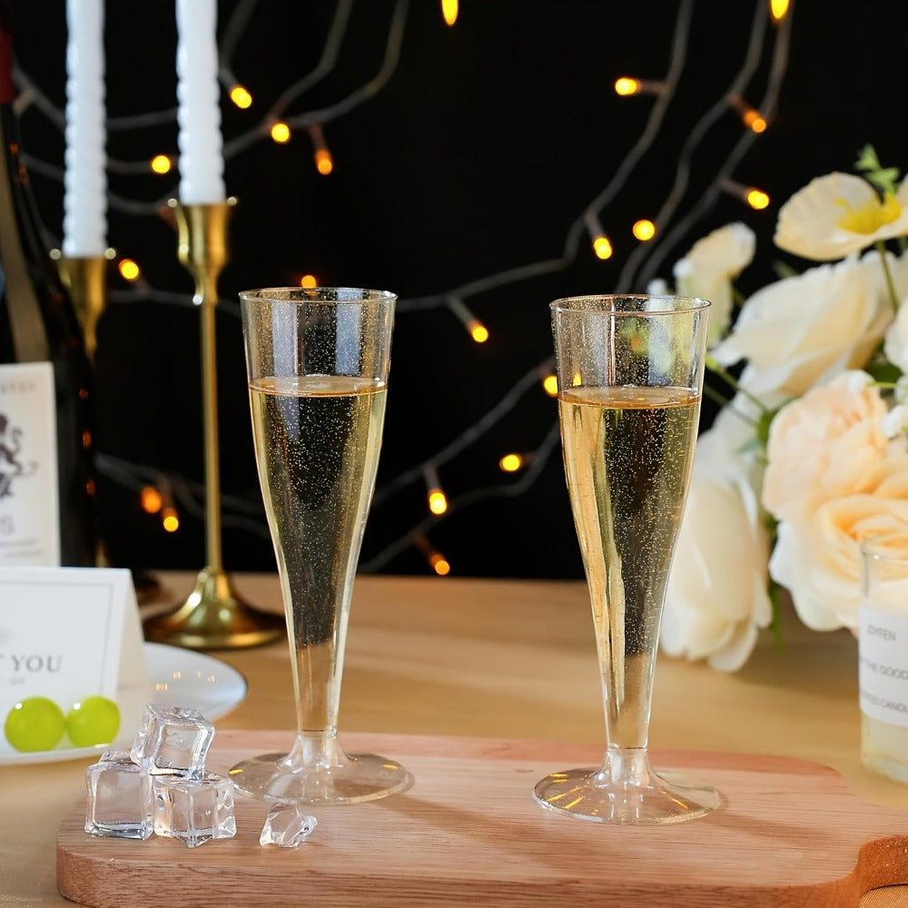 Plastic Champagne Flutes Bulk 25 50 Pack Disposable Reusable Golden Glitter Champagne Glasses for Entryways, Bedrooms and Living Spaces