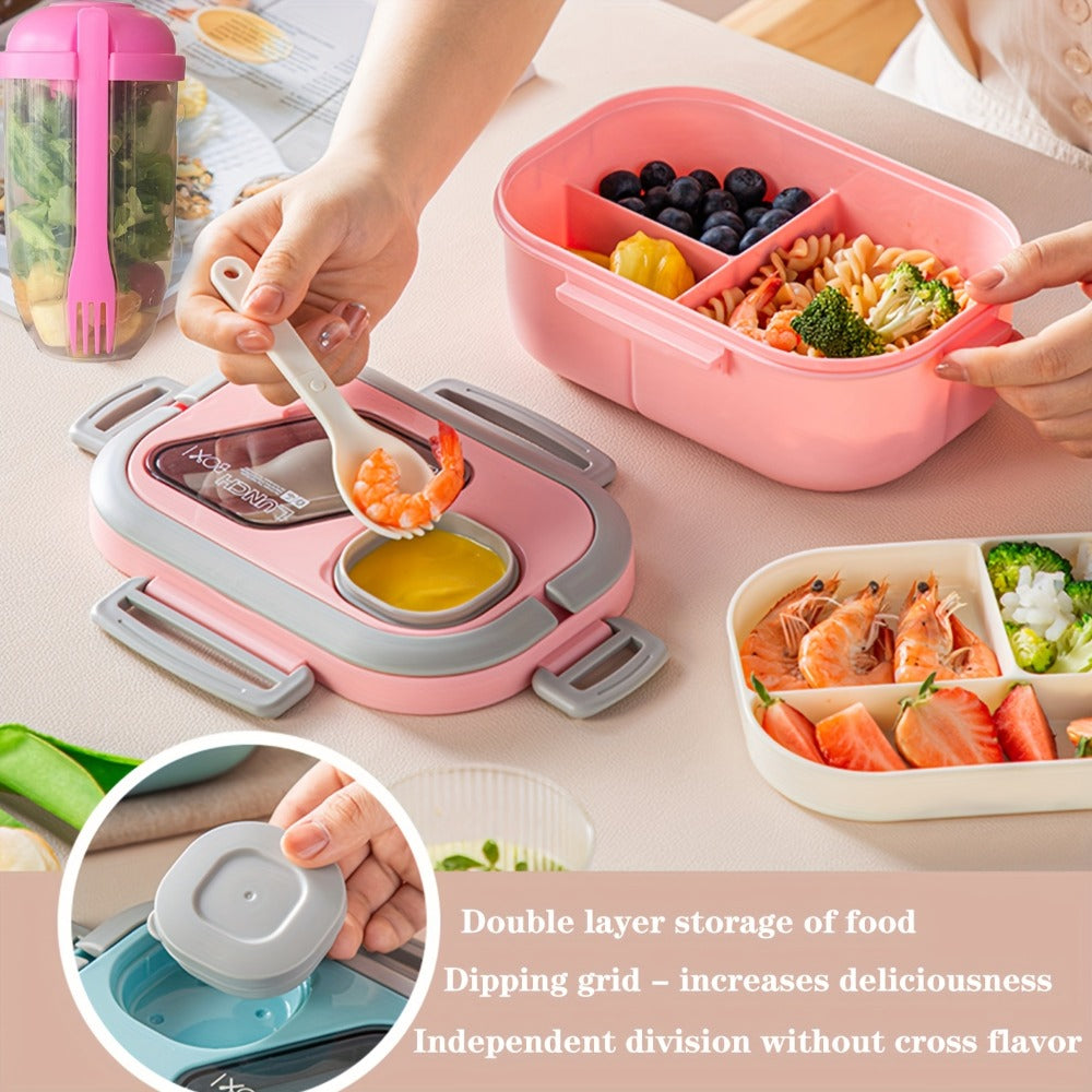 2-Layer Bento Lunch Box Set with Cup and Meal Bag - Multi-Grid Lunch Box for School, Office & Outdoor Picnics