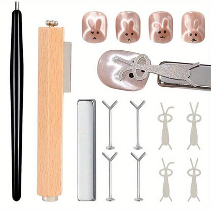 Cat Eye Nail Magnet Set 11pcs – 3-in-1 Magnet Stick with Heart & Bunny Designs, Strong Magnetic Tool for Cat Eye Gel Polish Nail Art