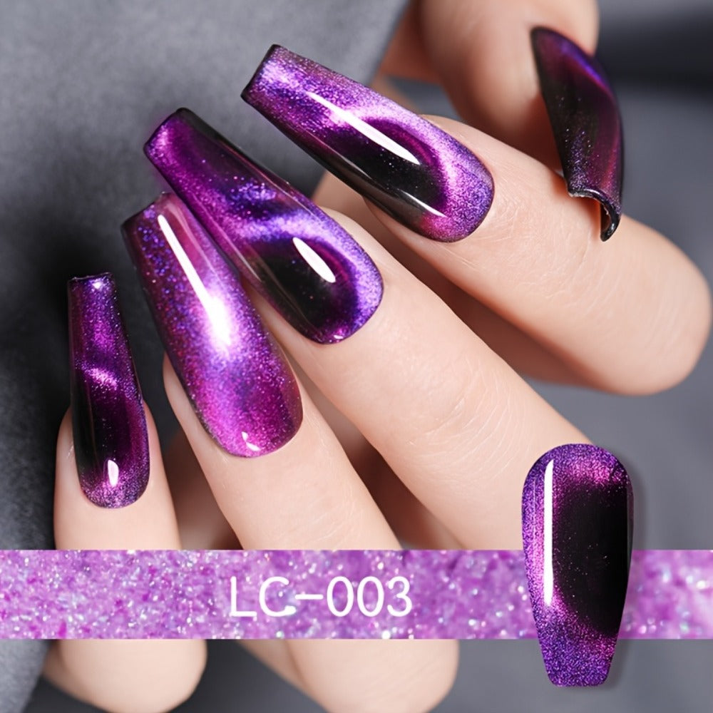 Gel Nail Polish 8-Piece Aurora Magnetic Cat-Eye Set with Black-Crystal Glitter and 3D Light-Shifting Finish for UV/LED Cure