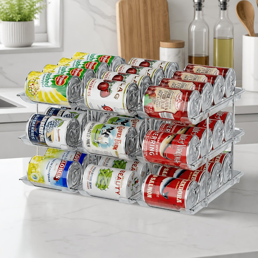 Can Storage Organizer 36-Can 3-Tier Auto-Rolling PET Rack with Assembly Detail for Pantry Use