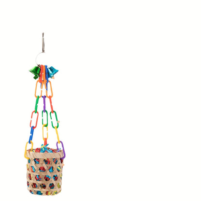 Six-Piece Hanging Bird Toy Set with Wood, Paper, Plastic Rings, Bell, Rope and Metal Hooks for Small Parrots