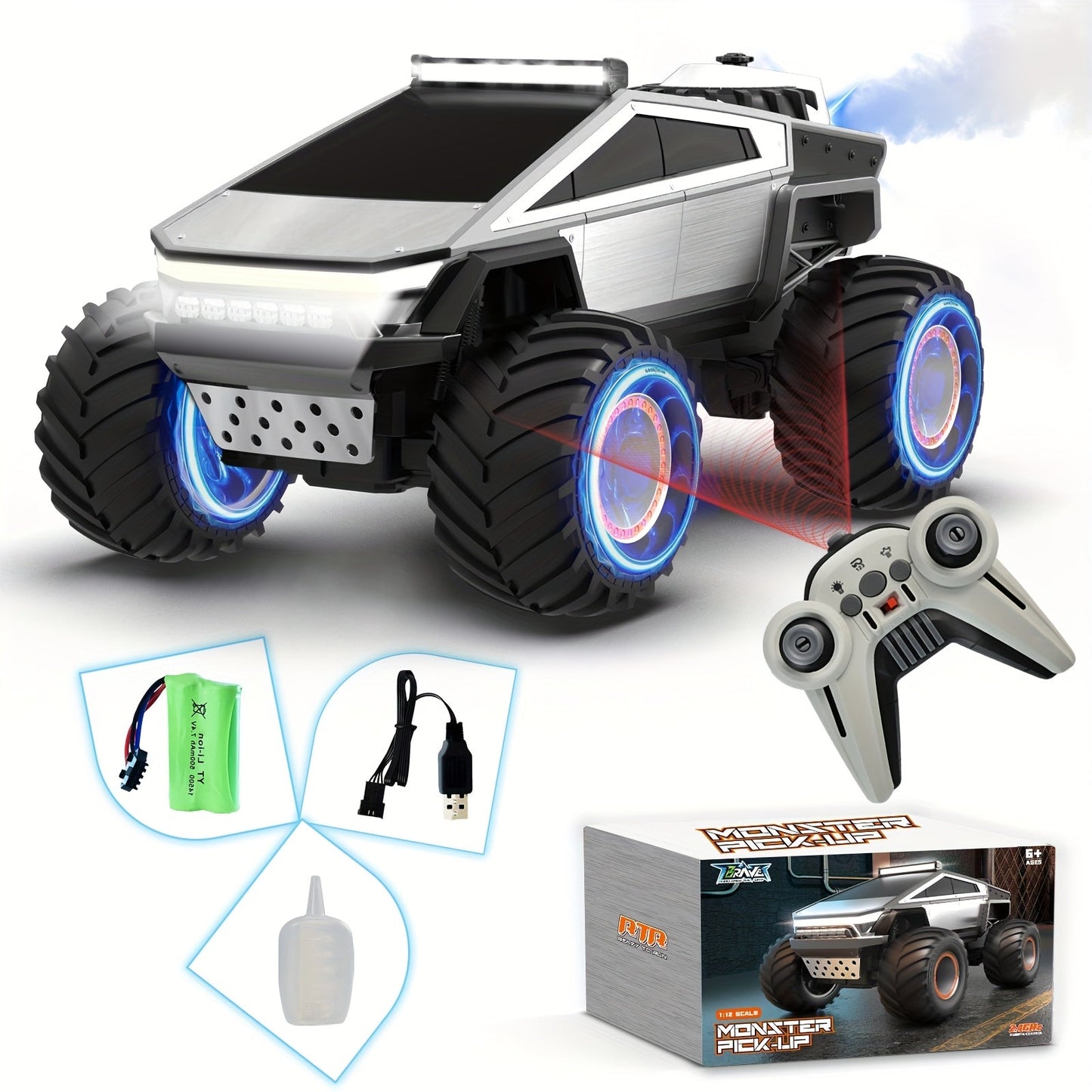 1:12 Scale RC Monster Truck 4WD, Remote Control Cybertruck & Pickup Truck with LED Lights & Sound Effects
