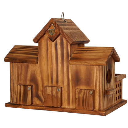 Hummingbird House Outdoor Large Birdhouse with Feeder, 3-Hole Natural Handmade Wood Bird House for Bluebird, Backyard Garden Decor