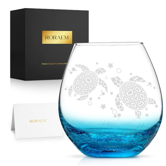 Sea Turtle Wine Glass Hand Etched Stemless 16oz Turquoise Crystal Glass Cup – Unique Wine for Home Cooking, Dining and Outdoor Meals
