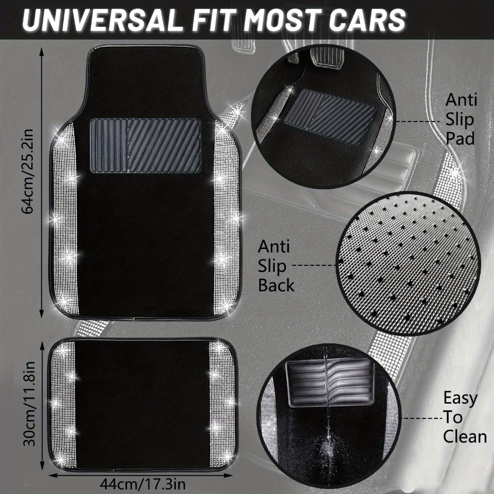 Rhinestone-Border Car Floor Mats, Four-Piece Black Carpet Set with Seven Accent Color Options