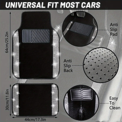 Rhinestone-Border Car Floor Mats, Four-Piece Black Carpet Set with Seven Accent Color Options