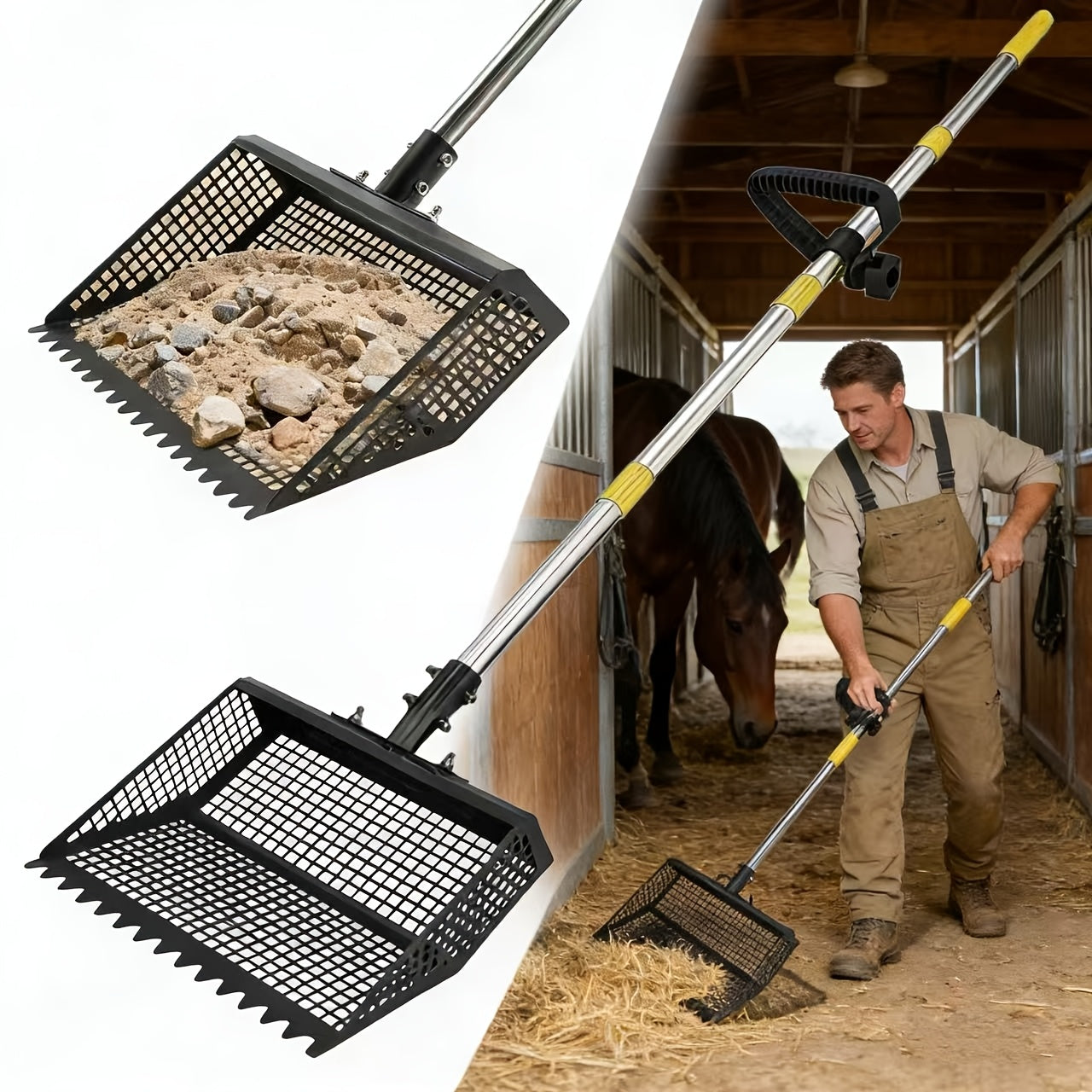 Cat Litter Scooper 2-in-1 Heavy Duty Rake with Adjustable 26–76" Stainless Steel Handle, Shatterproof Sand Sifting Shovel for Litter Box