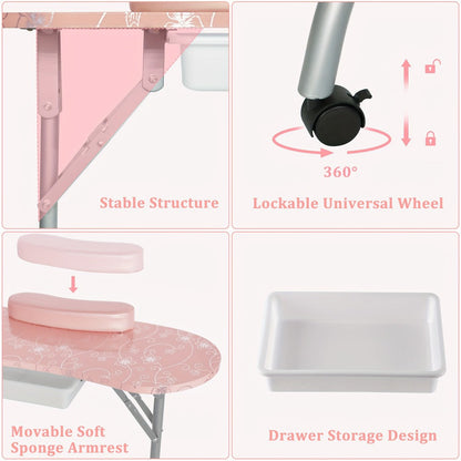 Foldable Nail Table with LED Lamp Drawer Lockable Wheels Wrist Cushion & Carrying Bag, Portable Manicure
