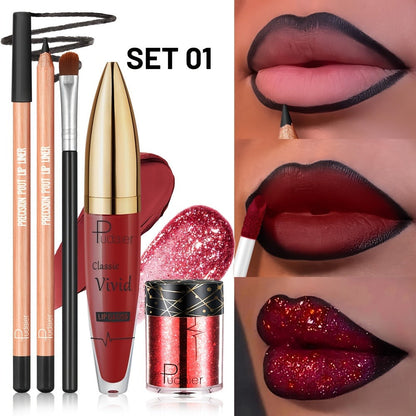 Four-Piece Glitter Lip Art Set with Loose Glitter Pot, Color Tube, Liner Pencil and Applicator Brush