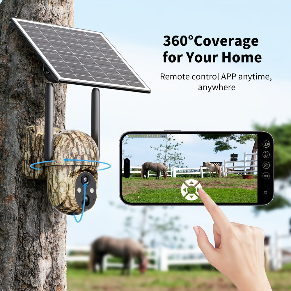 4G LTE Solar Trail Camera No WiFi Needed, Outdoor Security Camera 4K Night Vision, 360° Pan Tilt Live View