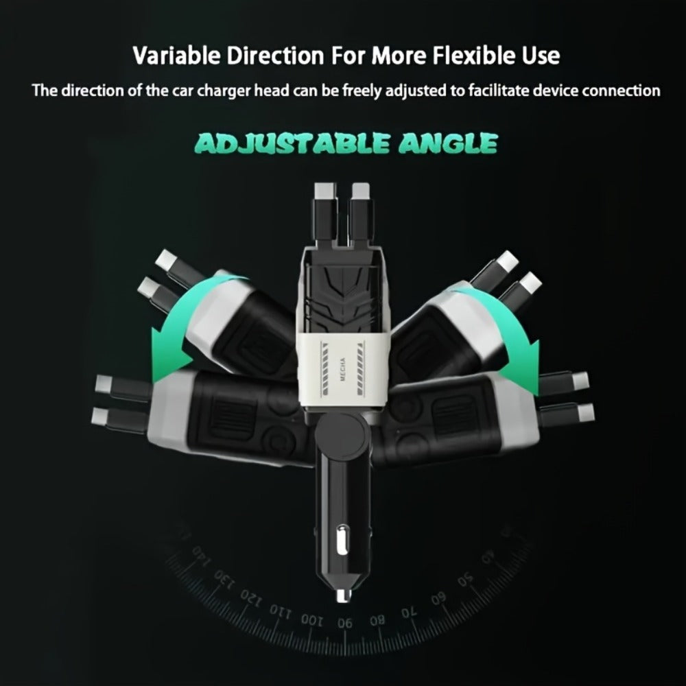 Dual Retractable Cable Car Charger 4-in-1 with Lightning & Type-C 31in, 2 USB-A Ports & Voltage Supervision
