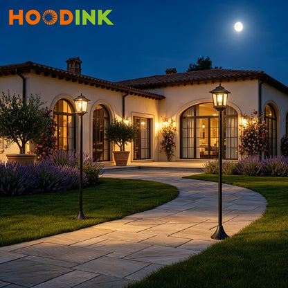 Solar Garden Light HOODINK Black Lamp Post 2-Pack with Solar Panel, Automatic Light Sensor and Freestanding Pole Installation