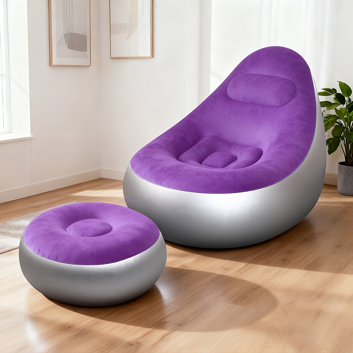 Inflatable Recliner Sofa with Footstool Set – Heavy Duty Portable Folding Air Couch with Plush Fabric & Pump Included