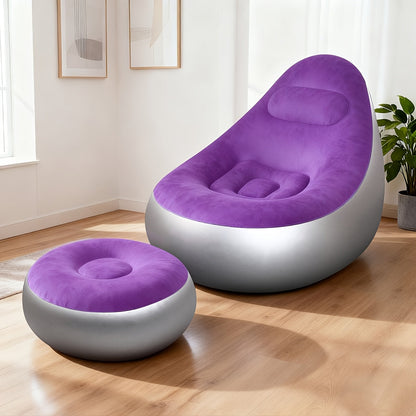 Inflatable Recliner Sofa with Footstool Set – Heavy Duty Portable Folding Air Couch with Plush Fabric & Pump Included