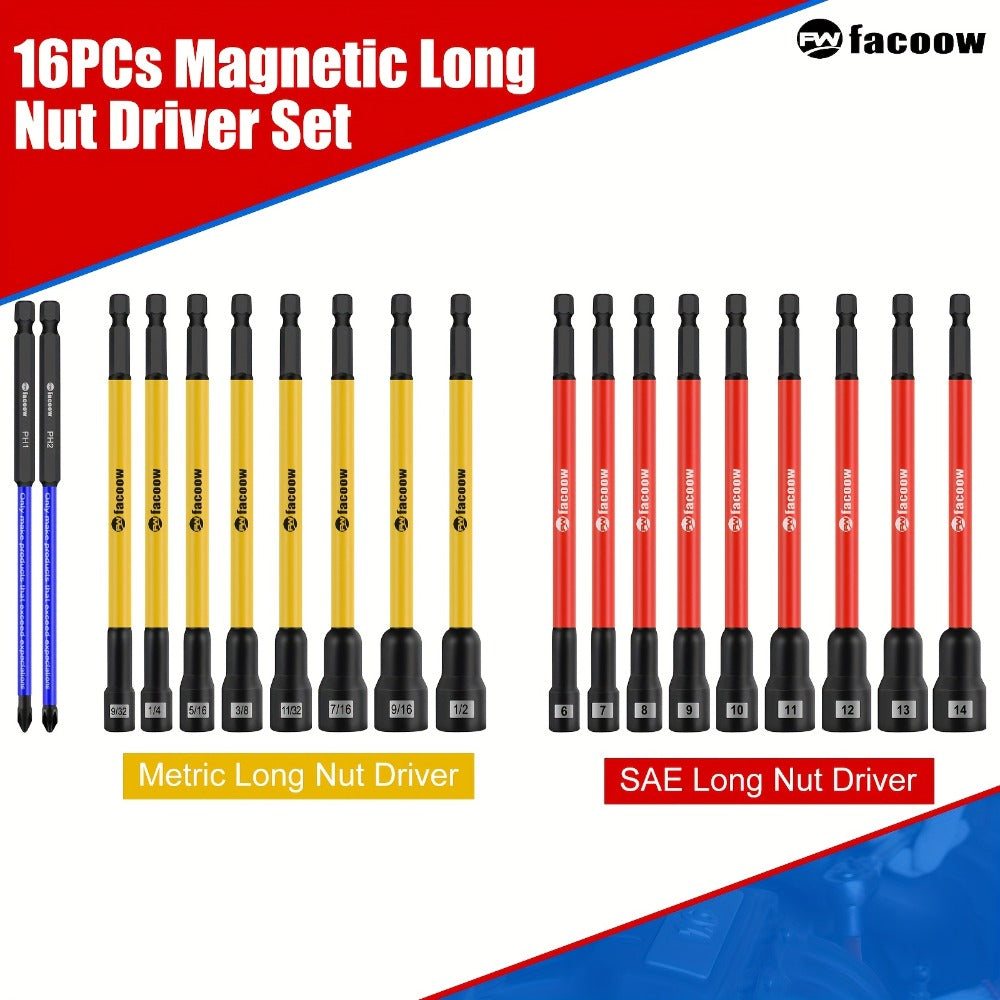Magnetic Nut Driver Set 19PCS – SAE & Metric | 1/4" Hex Shank 6" Long | PH1 & PH2 for Impact Drills | Magnetic Socket Set with Sturdy Tool