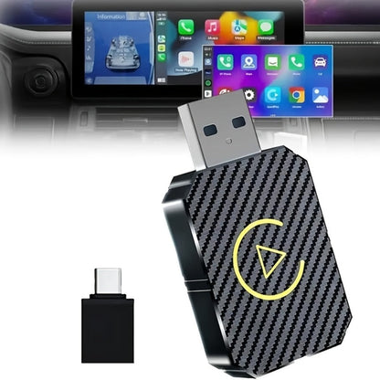 Mini Wired-to-Wireless CarPlay Adapter with USB-A Plug and USB-C Adapter in USB Set Pictured