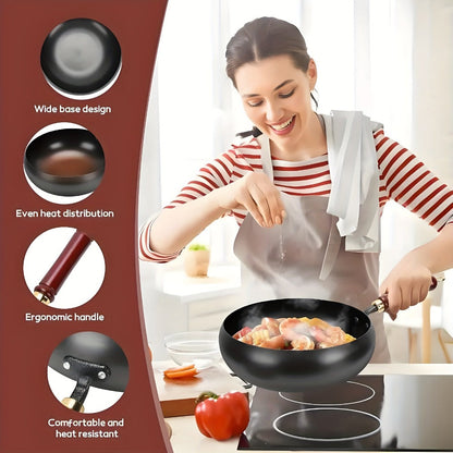 Carbon Steel Wok Pan with Large-Belly Uncoated Design and Heat-Resistant Handle for Stir-Fry, Soup, Stew and Camping Cooking
