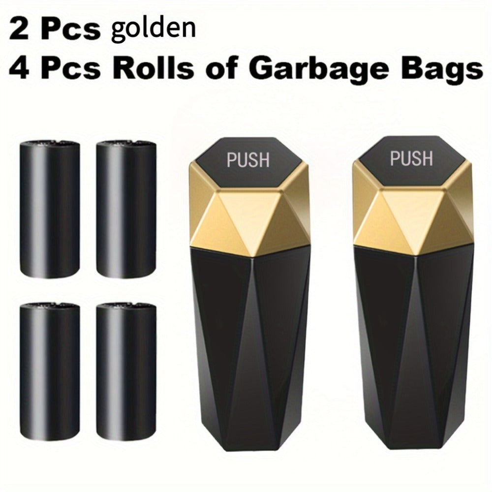 Diamond-Pattern Mini Car Trash Can Pair with Four Bag Rolls, Push Lids and Four Color Choices