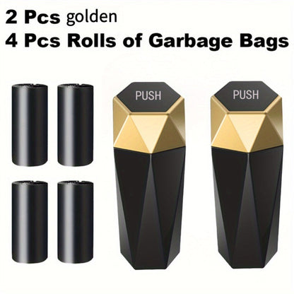 Diamond-Pattern Mini Car Trash Can Pair with Four Bag Rolls, Push Lids and Four Color Choices