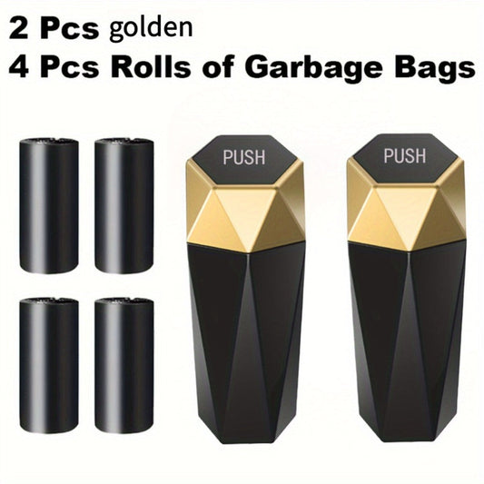 Diamond-Pattern Mini Car Trash Can Pair with Four Bag Rolls, Push Lids and Four Color Choices