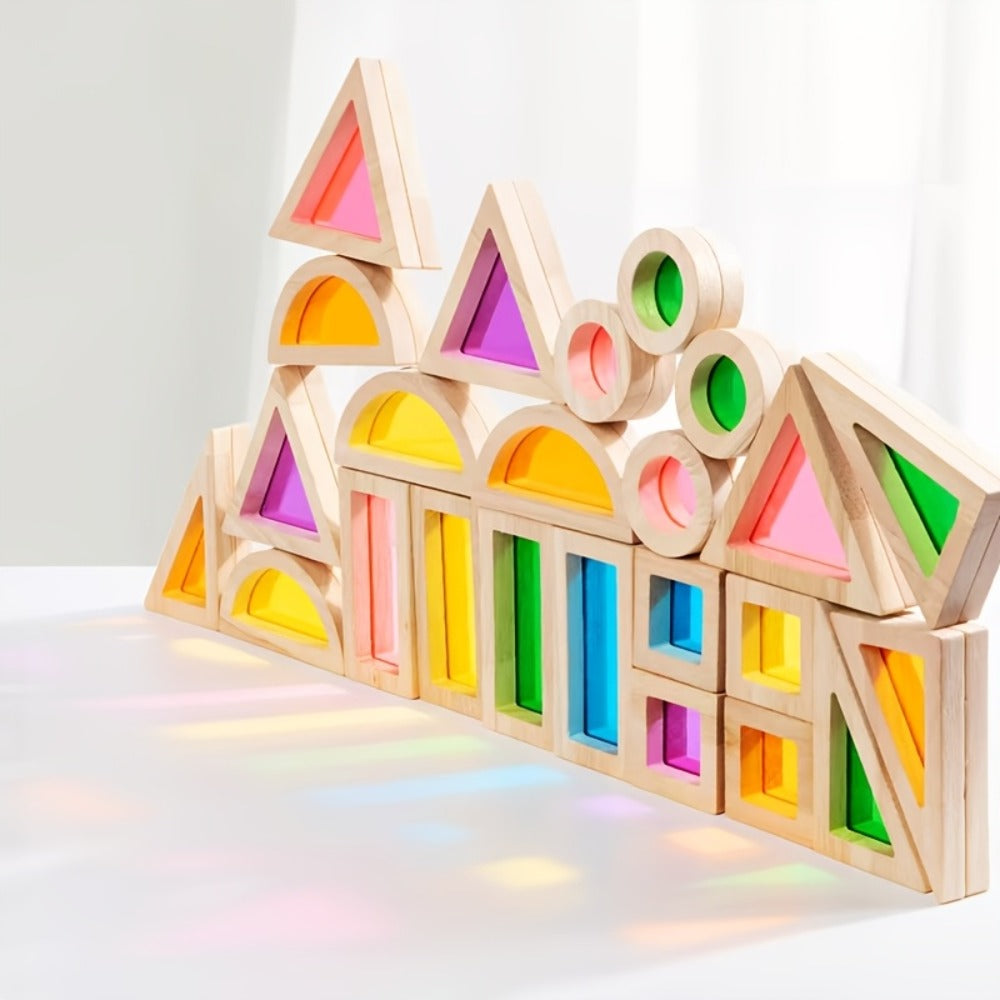 Building Block Set Translucent Acrylic Geometric Shapes with Colorful Triangle, Circle, Arch and Window Pieces