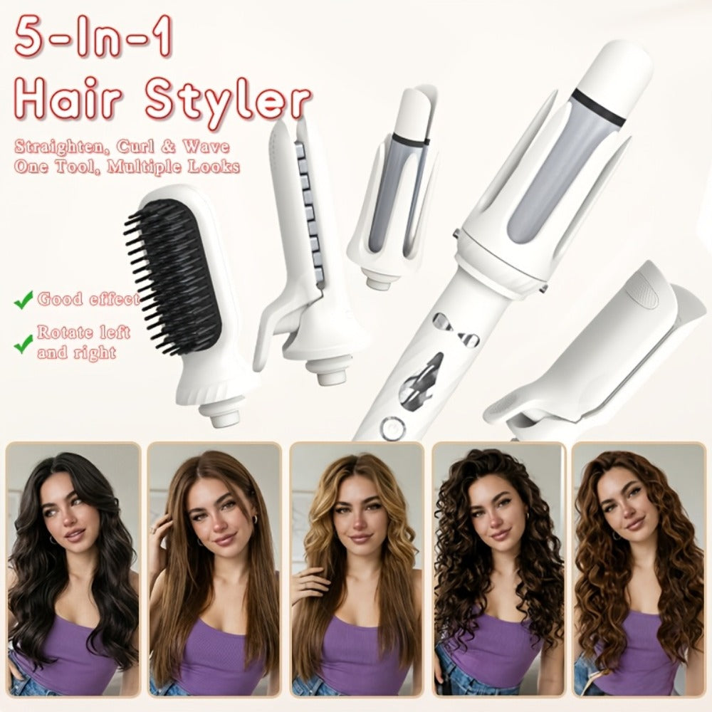 5-in-1 Hair Styler Set with Interchangeable Curling Wand & Straightening Brush - Multi Barrel Curling Iron Kit for Waves