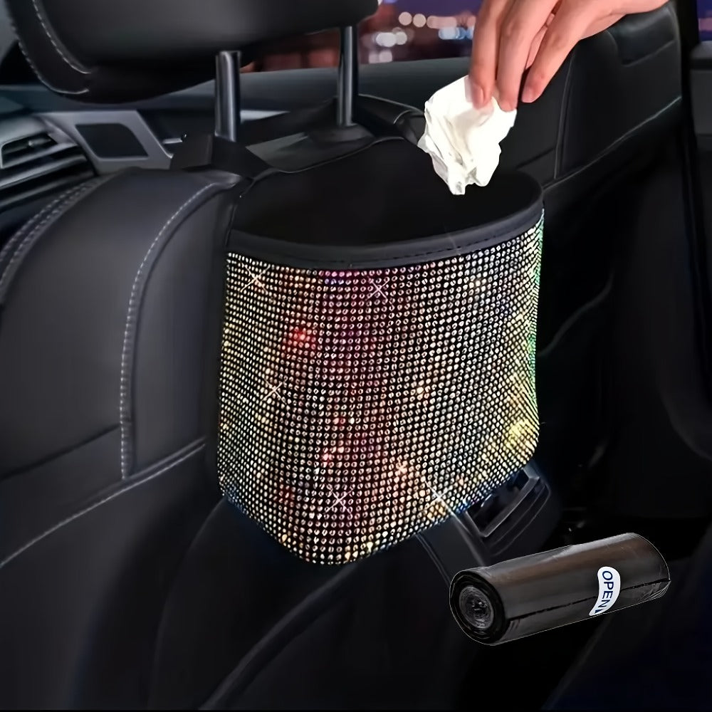 Hanging Rhinestone Car Trash Bin with Seat-Back Strap, 18 × 21 × 10 cm Size and One Liner Bag