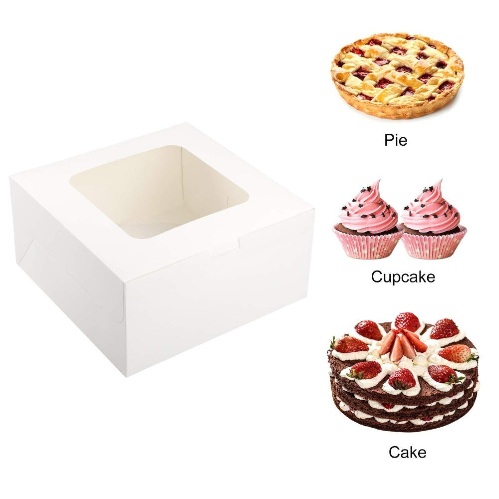 Ten White Cake Box Sets with Clear Windows, Red Ribbon, Round Boards and 10 x 10 x 5-Inch Size