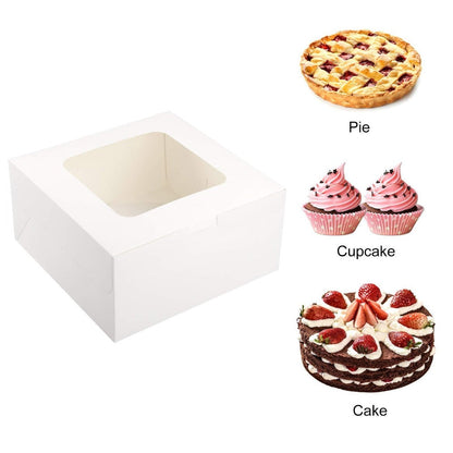 Ten White Cake Box Sets with Clear Windows, Red Ribbon, Round Boards and 10 x 10 x 5-Inch Size