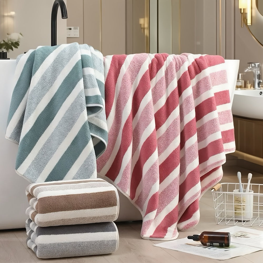 Bath Towels Set 1 or 4 Pack Microfiber Two-Color Striped Towels 27 x 55 Inch in Gray, Red and Green