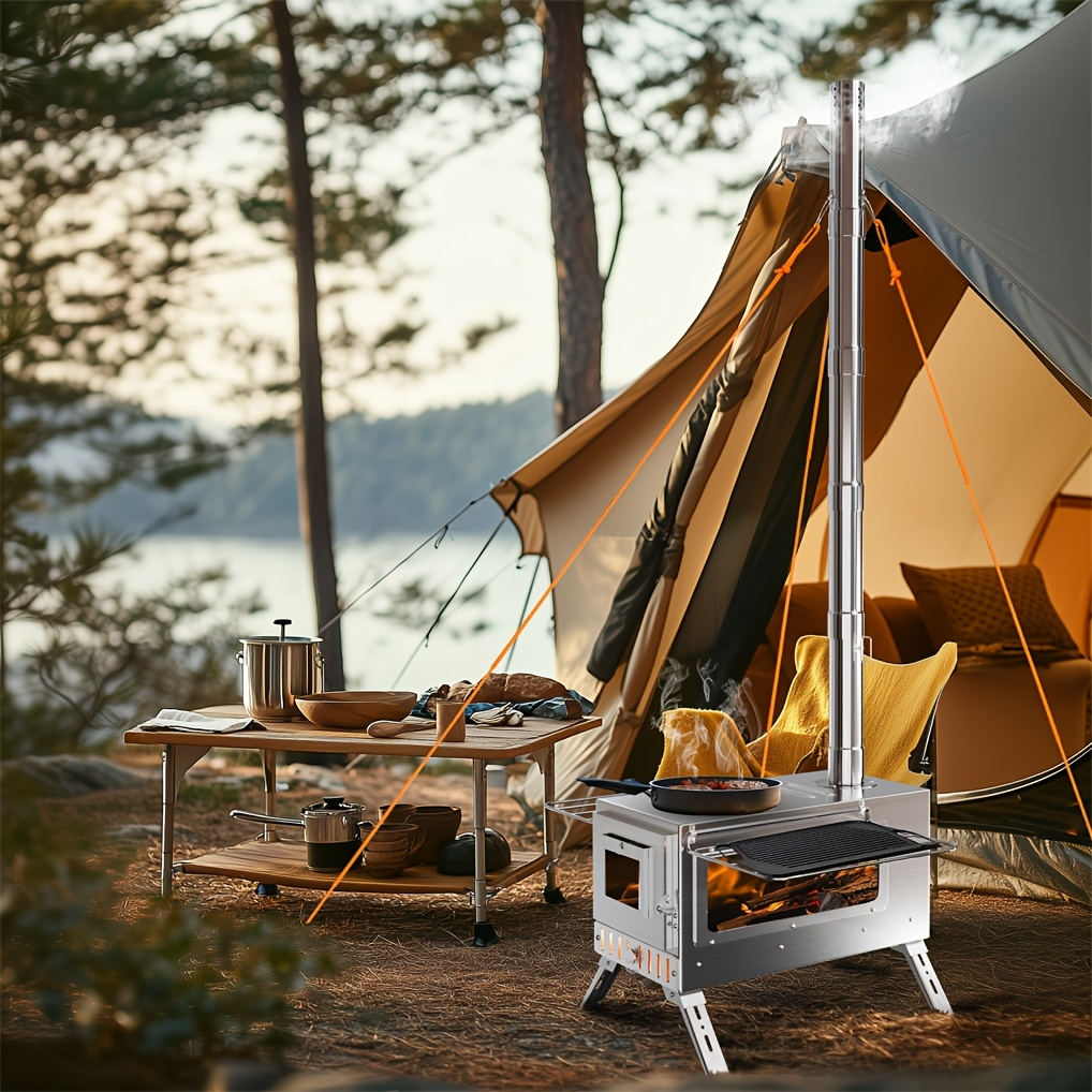 Wood Burning Stove Portable Camping Tent Stove with 7 Detachable Chimney Pipes, Stainless Steel, Adjustable Height